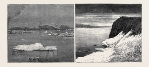THE AUSTRIAN POLAR EXPEDITION: LEFT IMAGE: NOVA ZEMBLA, FLOATING ICE, RIGHT IMAGE: MIDNIGHT IN NOVA