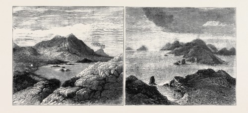 SKETCHES IN THE LIPARI ISLANDS: LEFT IMAGE: VULCANELLO (EXTINCT CRATER), WITH STROMBOLI IN THE