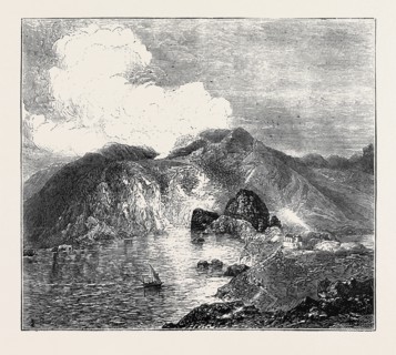 SKETCHES IN THE LIPARI ISLANDS: VIEW OF GREAT CRATER, VULCANO, FROM THE SEA, WITH RESIDENCE AND