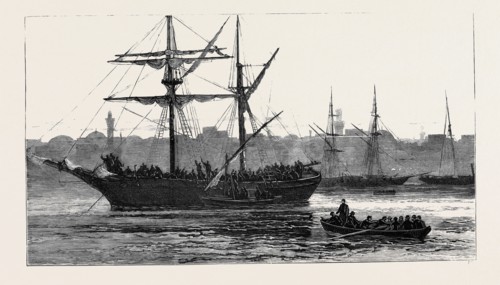 THE CRISIS IN EGYPT: REFUGEES EMBARKING ON BOARD A NATIVE COASTER AFTER THE RECENT RISING AT