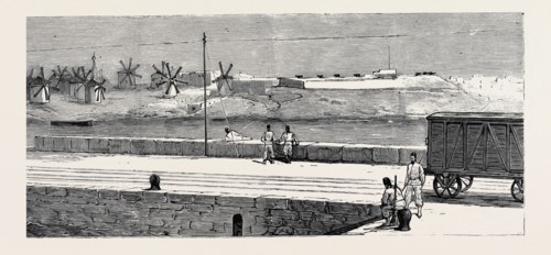 BEFORE THE BOMBARDMENT OF ALEXANDRIA, JULY 7, 1882: ISALE FORT, OR THE WINDMILLS, FROM THE P. & O.