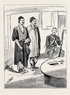 THE WAR IN EGYPT: ON BOARD H.M.S. "SEAGULL", THE FIRST PRISONERS BROUGHT IN AFTER THE ENGAGEMENT AT