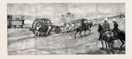 THE WAR IN EGYPT: BLUE-JACKETS FROM H.M.S. "INCONSTANT" HAULING INTO POSITION AT RAMLEH A 7-TON GUN