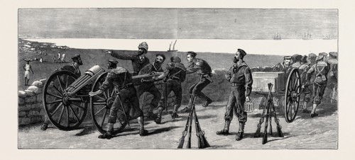 THE WAR IN EGYPT: PLACING A GATLING GUN IN FORT ROYAL, PORT SAID, TO COMMAND THE APPROACH FROM THE