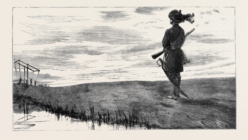 THE WAR IN EGYPT: "ON GUARD", A SUNSET SKETCH ON THE CANAL BANK AT KASSASSIN
