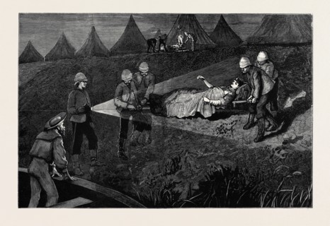 THE WAR IN EGYPT: LIEUTENANT PURVIS, COMMANDER OF THE IRONCLAD TRAIN, BEING TAKEN TO HOSPITAL AFTER