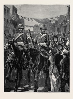 THE RETURN OF THE TROOPS FROM EGYPT: THE ROYAL HORSE GUARDS (BLUE) ON THEIR WAY TO THE ALBANY
