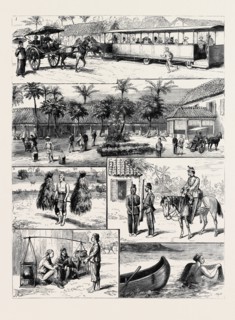 SCENES IN BATAVIA, ISLAND OF JAVA: 1. Tram-Car and Native Passenger Cart; 2. The Courtyard of an