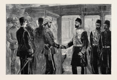THE RETURN OF THE DUKE OF CONNAUGHT, THE KHEDIVE TAKING LEAVE OF HIS ROYAL HIGHNESS AT THE CAIRO