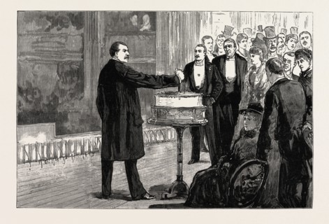CUTTING THE BADDELEY TWELFTH CAKE ON THE STAGE OF DRURY LANE THEATRE, LONDON