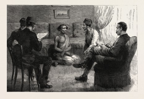 THE REBELLION IN THE SOUDAN (SUDAN): GENERAL SARTORIUS EXAMINING AT SUAKIM A MESSENGER WHO HAD