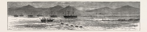 THE REBELLION IN THE SOUDAN (SUDAN): BRITISH TRANSPORTS AND WAR VESSELS AT TRINKITAT, DISEMBARKING
