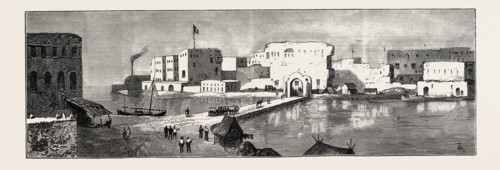 THE REBELLION IN THE SOUDAN (SUDAN): THE CAUSEWAY AT SUAKIM DEFENDED BY THE GUNS OF H.M.SS.