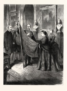A TROPHY FROM THE SOUDAN (SUDAN): LIEUTENANT WILFORD LLOYD PRESENTING ONE OF THE MAHDI'S FLAGS TO