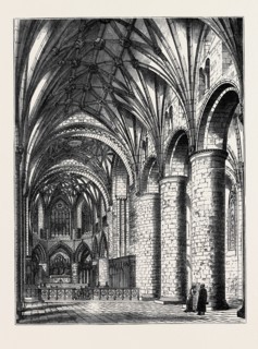 THE RESTORATION OF TEWKESBURY ABBEY: INTERIOR VIEW SHOWING PROPOSED ARRANGEMENT OF A PORTION OF THE