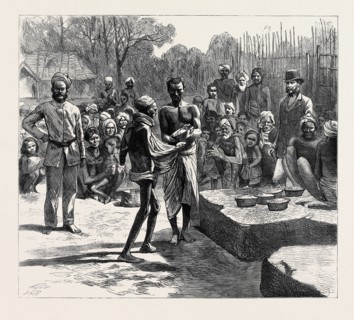 THE FAMINE IN THE MADRAS PRESIDENCY: THE RELIEF CAMP AT MONEGAR CHOULTRY, SERVING OUT BOILED RICE