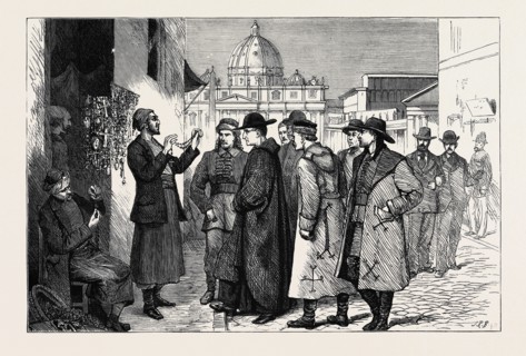 THE PAPAL JUBILEE AT ROME, PILGRIMS BUYING ROSARIES AND CRUCIFIXES FROM THE HOLY LAND IN THE VIA DI