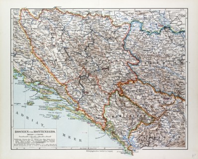 MAP OF BOSNIA AND HERZEGOVINA, MONTENEGRO, SERBIA, 1899
