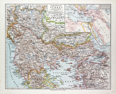 MAP OF MONTENEGRO, SERBIA, MACEDONIA, NORTHERN GREECE, BULGARIA, ALBANIA, WESTERN TURKEY, 1899