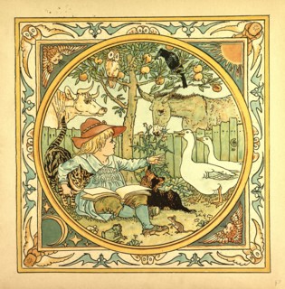 A CHILD SURROUNDED BY A CAT, DONKEY, GEESE, A RAVEN, A MOUSE, A FROG, AN OWL AND A COW