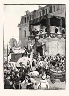 THE QUEEN AT GRASSE: BATTLE OF FLOWERS: CAVALCADE BEFORE THE GRAND HOTEL, PRINCESS BEATRICE GIVING