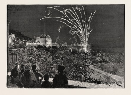 PRINCESS BEATRICE'S BIRTHDAY AT GRASSE: ILLUMINATIONS AND FIREWORKS AT THE GRAND HOTEL, FRANCE