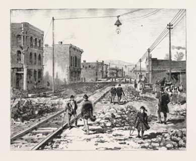 MIDDLESBOROUGH, KENTUCKY: CUMBERLAND AVENUE, SHOWING STREET RAILWAY AND BUILDING OPERATIONS, USA
