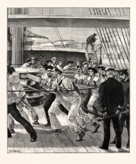 HEAVE TOGETHER! FRENCH AND ENGLISH SEAMEN ASSISTING A STRANDED FRENCH CRUISER.