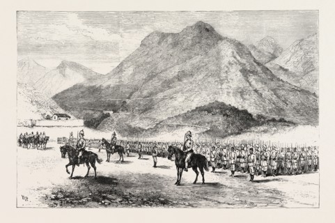 THE MANIPUR FIELD FORCE: INSPECTION PARADE OF THE KOHIMA COLUMN.