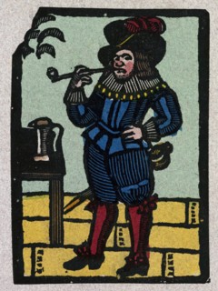illustration of English tales, folk tales, and ballads. A man wearing colourful clothes and smoking