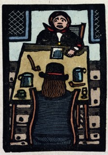 illustration of English tales, folk tales, and ballads. Two people sitting at a table