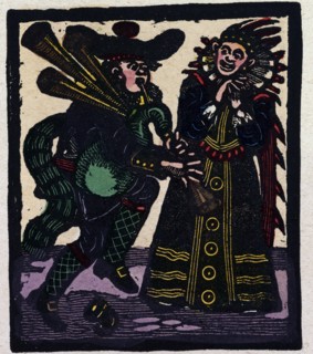 illustration of English tales, folk tales, and ballads. A man playing a bagpipe while a woman