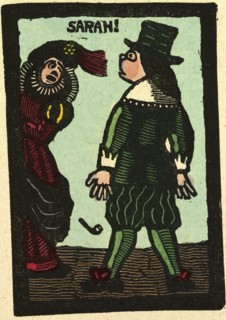 illustration of English tales, folk tales, and ballads. Sarah with a man. A pipe falling on the