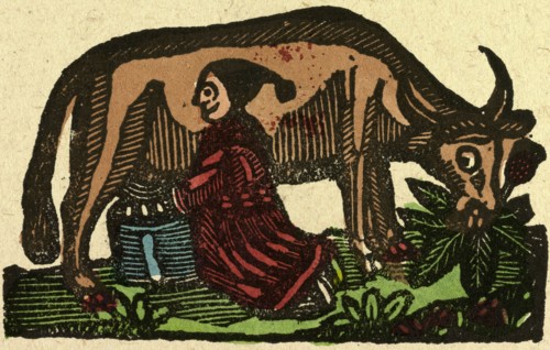 illustration of English tales, folk tales, and ballads. A person milking a cow