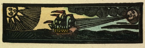 illustration of English tales, folk tales, and ballads. A ship being blown by the wind
