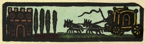 illustration of English tales, folk tales, and ballads. A coach drawn by four horses on the road to