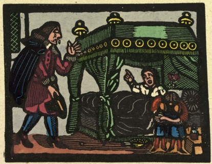 illustration of English tales, folk tales, and ballads. A man in tears being addressed by a woman
