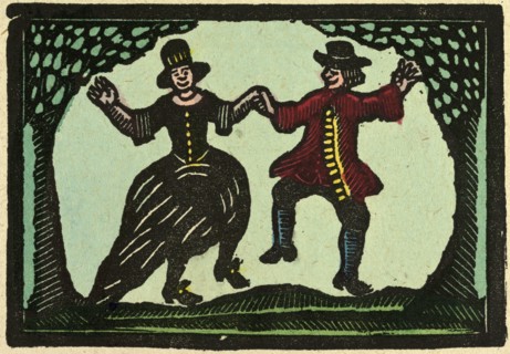 illustration of English tales, folk tales, and ballads. A woman and a man dancing