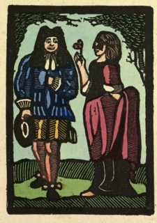 illustration of English tales, folk tales, and ballads. A woman giving a flower to a man