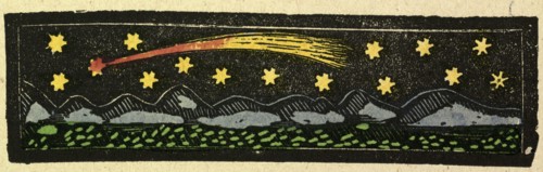 illustration of English tales, folk tales, and ballads. A shooting star over a range of mountains