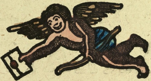 illustration of English tales, folk tales, and ballads. An angel with a bow carrying a letter