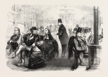 INTERIOR OF AN AMERICAN RAILWAY CARRIAGE, 1861