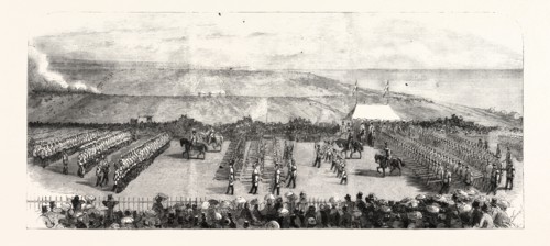 THE VOLUNTEER SHAM FGHT AT BRIGHTON ON EASIER MONDAY: VIEW FROM THE GRAND STAND, THE TROOPS