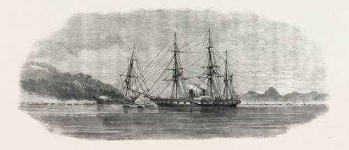 H.M.S. SIDON DESTROYING THE ENCHANTRESS, WRECKED ON A REEF OFF THE MAYOTTA ISLAND