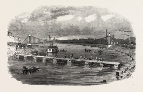VOLUNTEER MILITARY ENGINEERS AT GLASGOW CONSTRUCTING A PONTOON BRIDGE ON THE CLYDE, UK