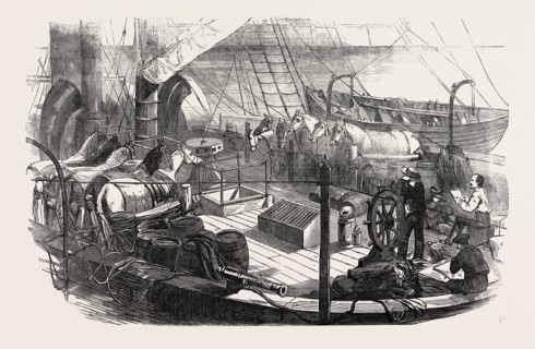 SHIPPING ARTILLERY HORSES, AT CALAIS, FOR THE FRENCH EXPEDITIONARY FORCE TO THE BALTIC, 1854