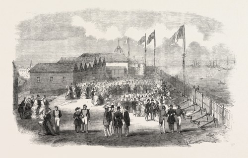 BAND OF THE 3RD FRENCH REGIMENT PLAYING IN H.M. NAVAL YARD, AT DEAL, UK