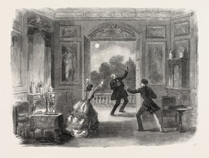 SCENE FROM THE NEW DRAMA OF THE OLD CHATEAU, AT THE HAYMARKET THEATRE, LONDON, UK, 1854