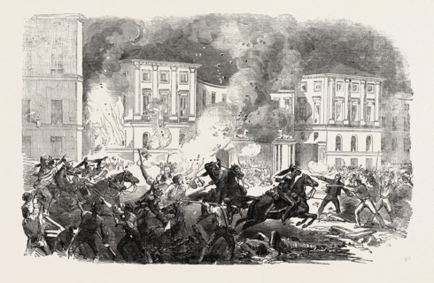 THE INSURRECTION IN SPAIN: THE INSURGENTS SETTING FIRE TO THE PALACE OF QUEEN CHRISTINA AT MADRID,