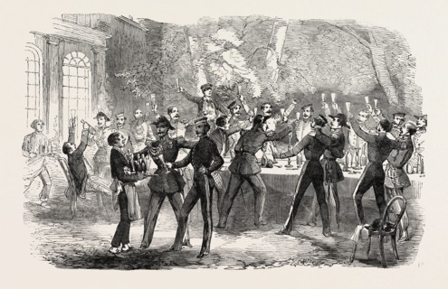 FRATERNIZATION OF THE BRITISH HORSE GUARDS AND THE FRENCH CENT GARDES, AT BOULOGNE, DRINKING HER